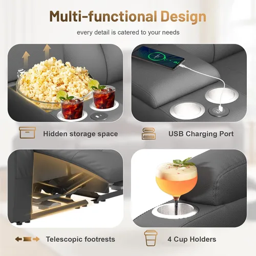 Miniatura 2 de Sofá reclinable biplaza, asiento de cine en casa de 4 plazas, sofá reclinable con USB, consola central, sillón reclinable de pared para caravana