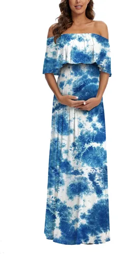 Miniatura 3 de Vestido largo de maternidad con volantes y hombros descubiertos, vestido largo y fluido para baby showersesión de fotos
