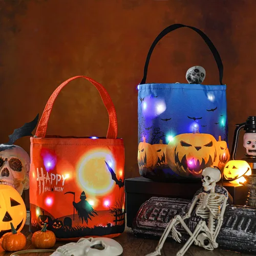 Miniatura 4 de Teling 6 bolsas de dulces de calabaza con luces LED para Halloween con luces LED para Halloween, bolsa de regalo reutilizable para suministros