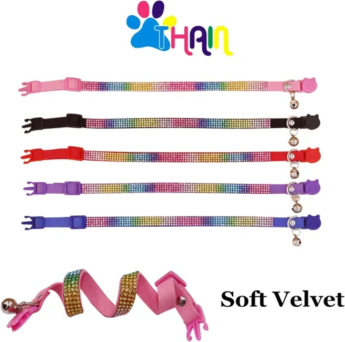 Miniatura 5 de THAIN Bling cat Collar de gatito Rainbow Rhinestone Breakaway Diamond con campana Terciopelo suave liberación rápida (negro)