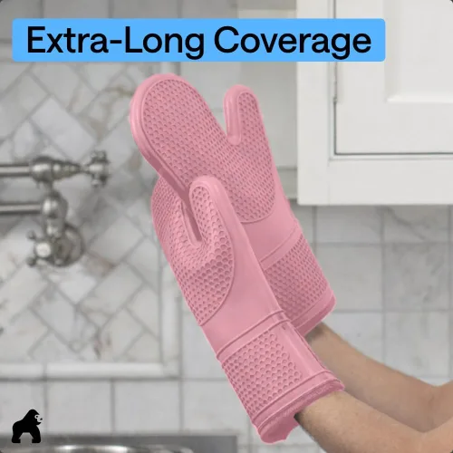 Miniatura 8 de GORILLA GRIP Guantes de horno de silicona suave sin BPA, guantes de cocina resistentes al calor e impermeables, forro de algodón grueso, agarre Rosa