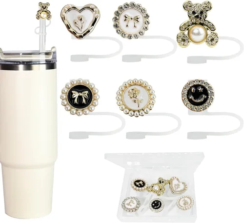 6 fundas brillantes de popote para vasos Stanley Cup de 30 y 40 onzas, 0.4 pulgadas, color dorado, negro y blanco, tapas de silicona para vasos de