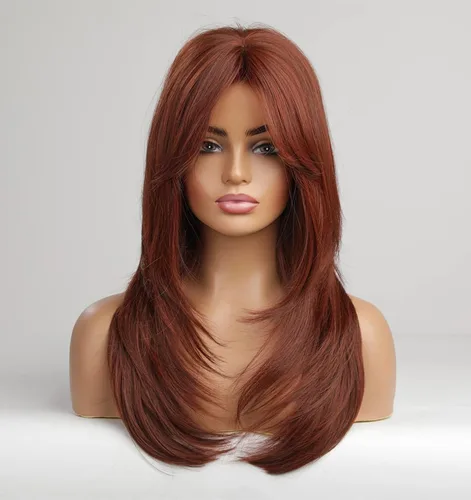 vedar Pelucas rojas caoba con flequillo, pelucas de color rojo cobre para mujer, cabello sintético largo hasta el hombro, peluca completa roja,