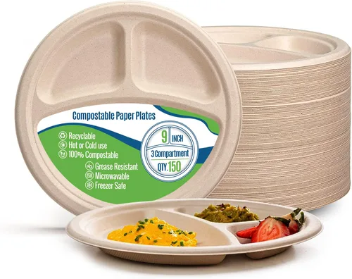 Miniatura 6 de Platos de papel blanco, 7 pulgadas, 150 unidades, fibra de caña de azúcar de grado alimenticio, compostable y biodegradable, para microondas