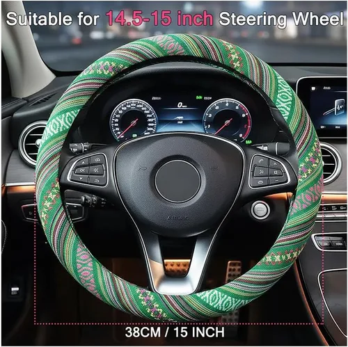 Miniatura 6 de Juego de fundas bohemias para volante, funda para cinturón de seguridad y almohadilla para reposabrazos, tela bohemia para volante de automóvil