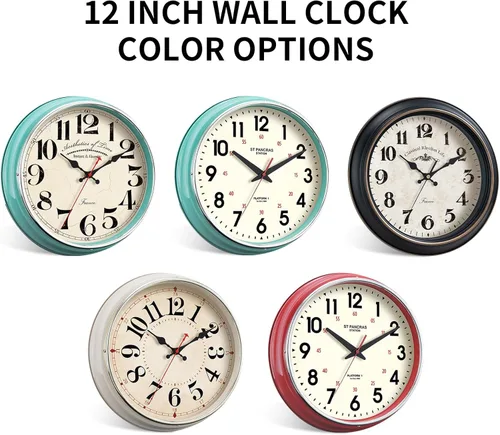 Miniatura 5 de Reloj de Pared de Campo de Metal de 12.4" Vintage Retro Relojes de Pared Silenciosos Sin Tictac Fácil de Leer para Sala de Estar, Cocina, Turquesa