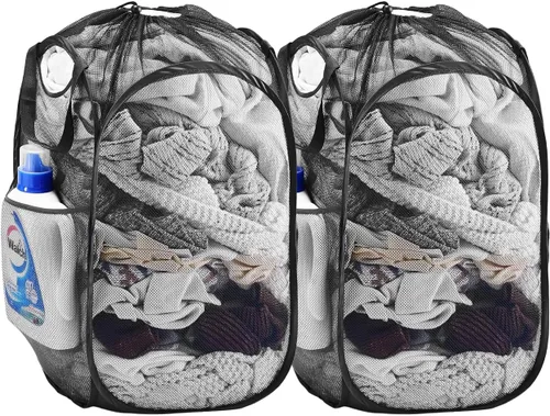 Miniatura 8 de TECHMILLY Cesta plegable de malla para la ropa sucia con asas resistentes y bolsillo lateral, cestas plegables portátiles para ropa para dormitorio
