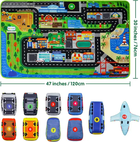 Miniatura 2 de Dr.Rapeti Juego de autos de juguete suave para bebés, niños pequeños, 1 tapete de juego de gran tamaño, 10 autos de juguete suave, 47 x 30 pulgadas