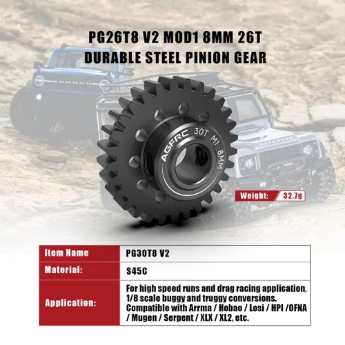 Miniatura 4 de AGFRC Engranaje de motor de piñón de acero endurecido 8MM MOD1 30T RC para carreras de alta velocidad y aplicaciones de carreras de arrastre Parte