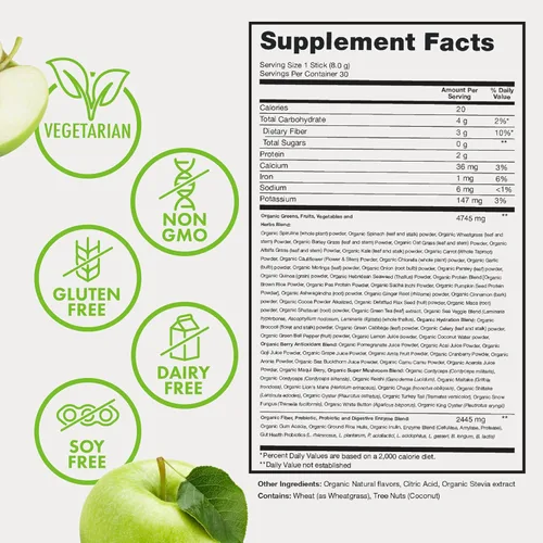 Miniatura 4 de Zena Nutrition Polvo de Superalimentos Orgánicos Verdes, Más de 70 Superalimentos, 0 Azúcar, 3g de Fibra, Espirulina, Clorella, Hongos