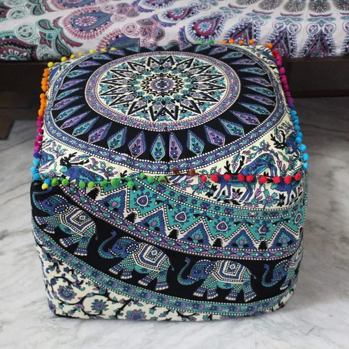 Miniatura 7 de CRAFT KALA Funda de puf tradicional de retazos cuadrados indios, funda para puf de sala de estar india, diseño otomano, decoración otomana, Elefante