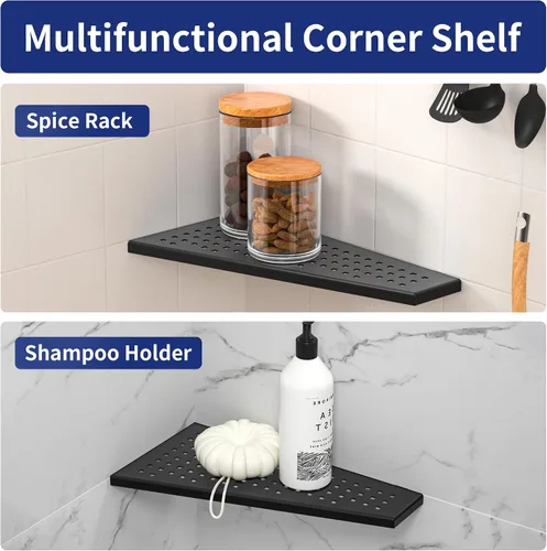 Miniatura 5 de Estante esquinero para ducha, color negro mate de 12 pulgadas con lechada trapezoidal en estante para champú, diseño de rejilla de acero inoxidable