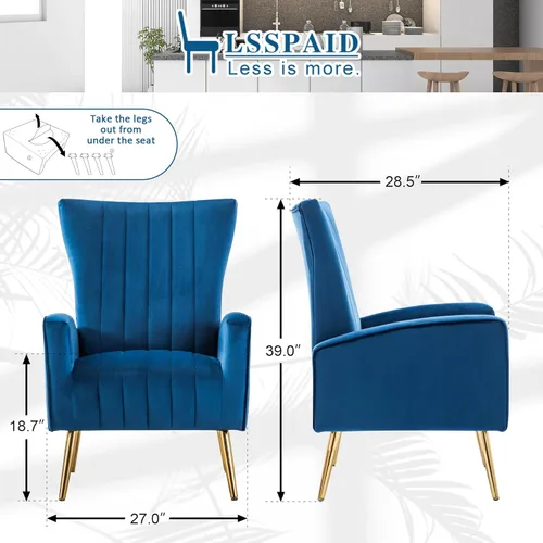 Miniatura 2 de LSSPAID Juego de 1 sillas decorativas de terciopelo, tapizadas de tela moderna, sillas para sala de estar, sillones con respaldo de ala y patas