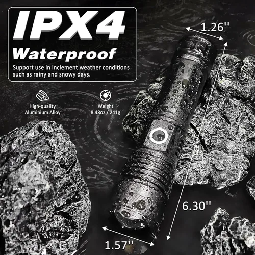 Miniatura 6 de ISUNMEA Linterna Recargable Potente, 2 Unidades de Linternas LED Potentes con Zoom de 1500LM Lúmenes Altos con 5 Modos Impermeable Linterna de Mano
