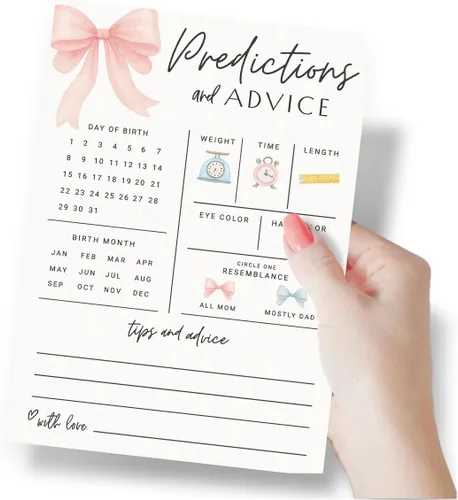 Miniatura 2 de Tarjetas de predicciones y consejos de baby shower de Printed Party – Diseño de lazo rosa, divertido juego de baby shower para invitados, actividad