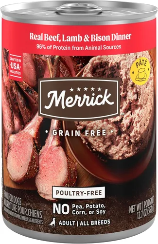 Merrick Alimento enlatado natural y de primera calidad sin granos, receta húmeda suave y saludable sin aves de corral, cordero y bisonte de ternera