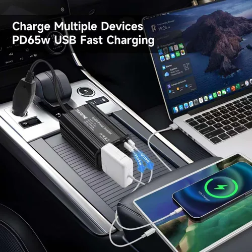 Miniatura 3 de Inversor de Potencia de 400W, FSATBTNE DC 12V a 110V AC Adaptador de Enchufe de Coche Convertidor de Salida con [65W PD USB-C] y [18W QC USB-A]