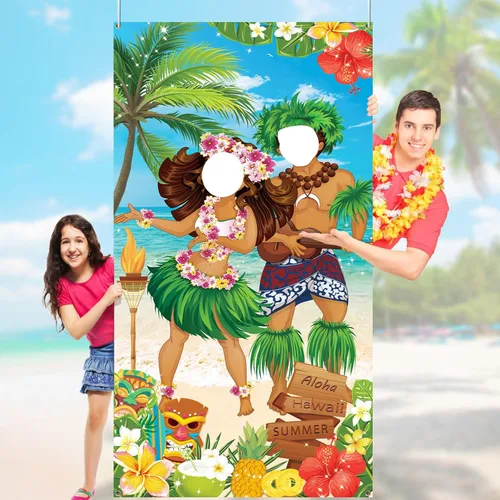 HiParty Decoraciones de fiesta hawaiana Luau, pancarta de fotos de pareja Luau, accesorios de fotos de Tiki Luau para fiesta en la playa, pancarta