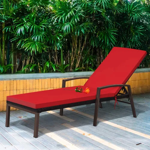 Miniatura 6 de RELAX4LIFE Tumbona para exteriores, silla de piscina de ratán ajustable de 5 posiciones con cojín, silla reclinable, marco de metal, tumbona de Rojo