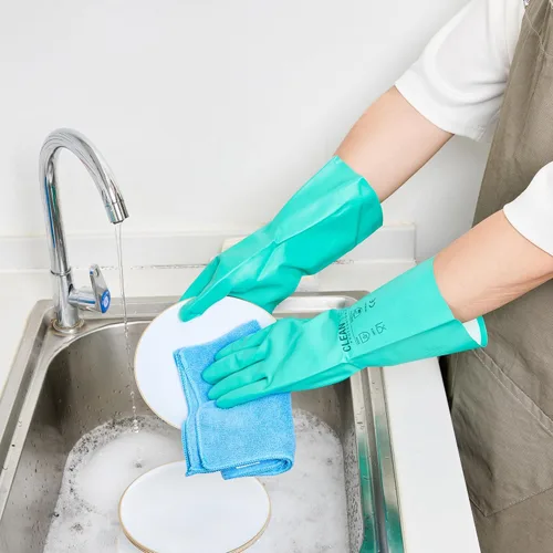 Miniatura 6 de Restaurantware Guantes de limpieza verdes, 10 pares de guantes de nitrilo de 15 mil de grosor, pequeños y resistentes con puño largo, forro