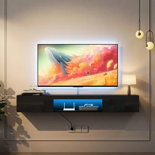 Soporte flotante para TV montado en la pared con 20 LED de color, soporte de TV moderno de 63 pulgadas, gabinete de TV flotante centro de