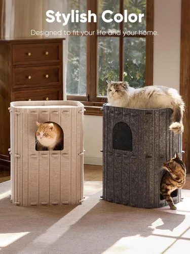 Miniatura 6 de FUKUMARU Casa para Gatos de Interior, Cama de Gato de 2 Plantas Grande Cueva de Felpa, Túnel Acogedor Cubierto para Gatos, Refugio para Múltiples