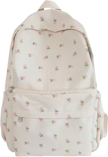 Mochila Kawaii Linda con Estampado Floral Preppy Mochila Cottagecore Estética Mochila para Laptop Mochila de Día, Blanco, Mediana, Mochilas Daypack