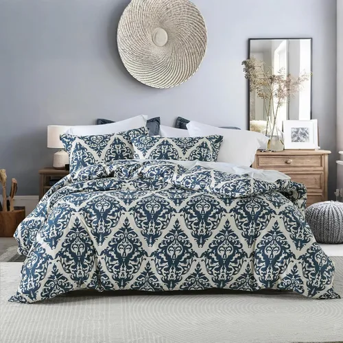 EWlinens Funda de edredón azul marino tamaño Queen – 100% algodón súper suave y cómodo juego de funda de edredón de damasco de 3 piezas con cierre