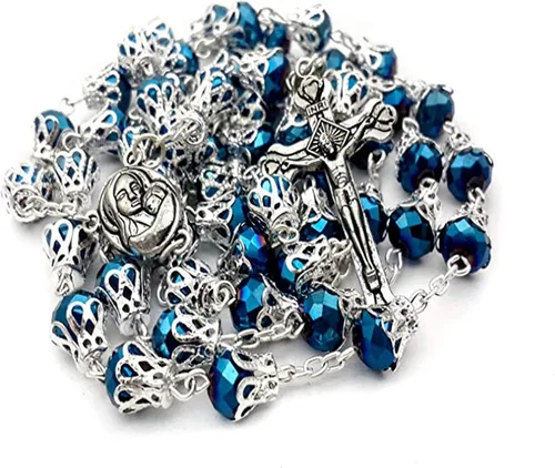 Nazareth Store Collar católico de rosario con cuentas de cristal azul profundo, tapas de metal, centro de mesa de tierra de Santa María, medalla