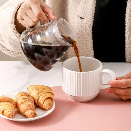 Miniatura 6 de HASENSE Juego de 4 tazas de café de cerámica con estante - 15 oz Juego de tazas grandes apilables de porcelana con nervaduras para café con leche