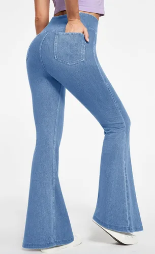 Miniatura 2 de IUGA Jeans de Cintura Alta Acampanados para Mujeres, Jeans Elásticos Acampanados Pull On de Pierna Ancha, Pantalones Leggings Acampanados con Cruz