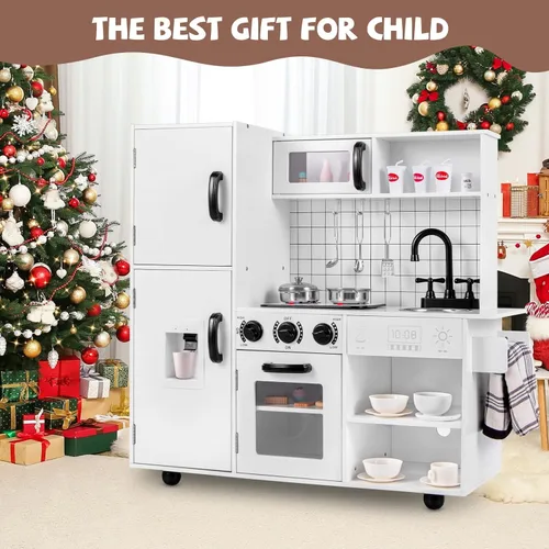 Miniatura 9 de INFANS Juego de cocina para niños, juego de cocina de madera con luz y sonido realistas, estufa, fregadero, microondas, armario de almacenamiento