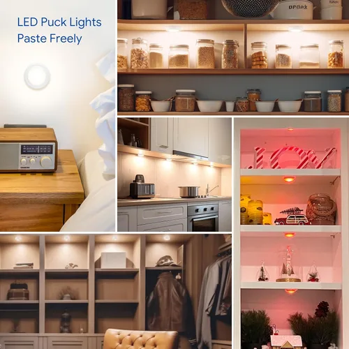 Miniatura 7 de Yiliaw - Paquete de 6 luces LED de disco con control remoto, 16 colores cambiables, luces LED para debajo del gabinete, luces alimentadas por Blanco