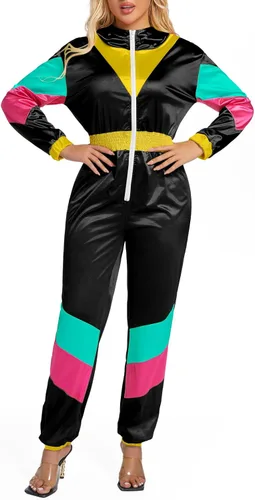 Miniatura 3 de Yisfri Traje retro de una pieza con bloques de color para mujer, traje retro de los años 80 con cintura elástica con capucha