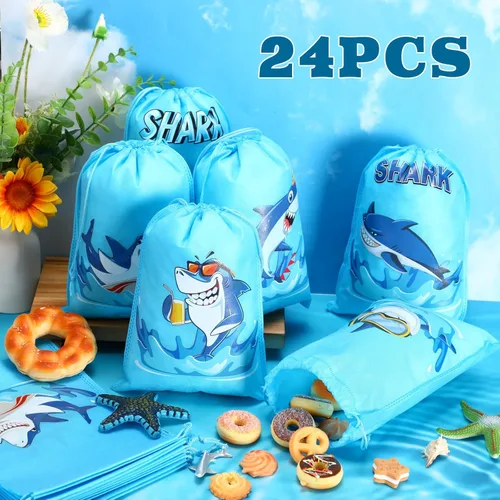 Miniatura 5 de Woanger 24 bolsas con cordón para fiesta de tiburones para niños, bolsas de regalo de fiesta de tiburón, a granel, no tejidas, con cordón, dulces