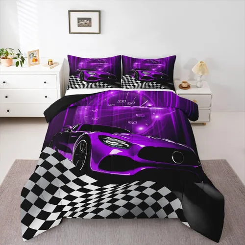 Miniatura 35 de Erosebridal Juego de edredón individual de motocicleta de carreras para niños, juego de ropa de cama de panal con luces de neón azules, motocross