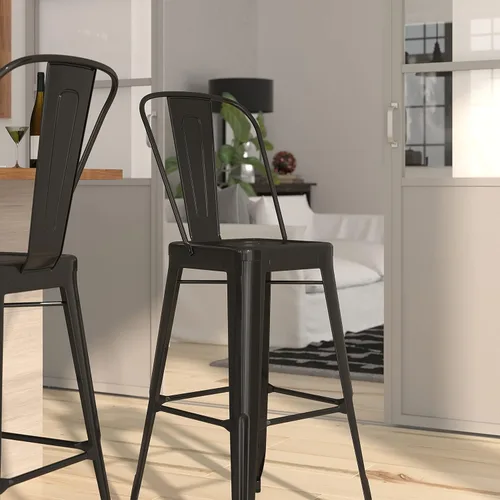 Miniatura 4 de Merrick Lane Taburete de altura de barra serie Dothan - Acabado negro - Marco de metal con soporte cruzado - Práctico respaldo extraíble