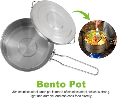 Miniatura 7 de DenpenTEC - Olla de acero inoxidable con tapa y mango plegable, olla Bento de gran capacidad de 1.5 L para acampar y senderismo