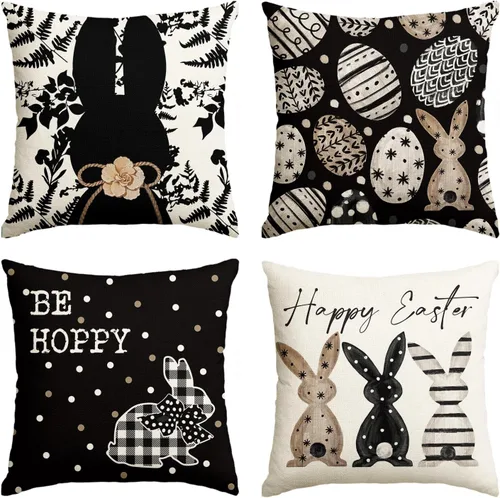 AVOIN colorlife Juego de 4 fundas de almohada negras de 16 x 16 pulgadas con diseño de conejo de Pascua Happy Easter Be Hoppy Rabbit