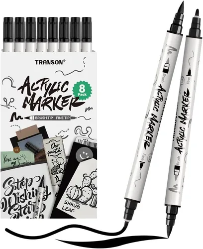 Miniatura 10 de TRANSON Juego de rotuladores de pintura acrílica de doble punta fina y brocha de 12 colores para lienzo, roca, madera, cuero, cerámica, pintura DIY