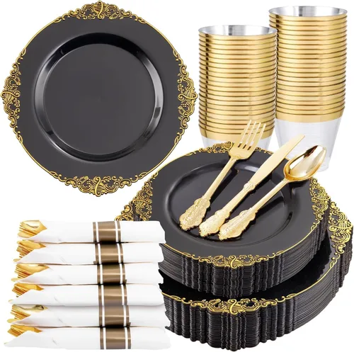 Nervure 175 platos de plástico negro, platos desechables de fiesta de oro negro y servilletas preenrolladas con cubiertos para 25 invitados, 50