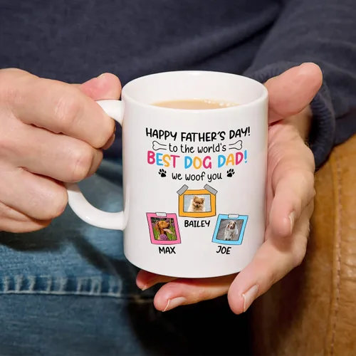 Miniatura 2 de Taza de café blanca personalizada con foto, con texto en inglés «To The World's Best Dog Dad We Woof You», taza de café blanca de 11 onzas y 15
