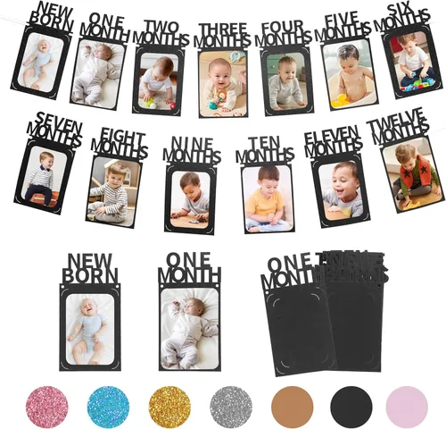 Crosize - Pancarta decorativa para celebración del primer cumpleaños con marcos de fotos para bebés desde recién nacidos hasta 12 meses, guirnalda