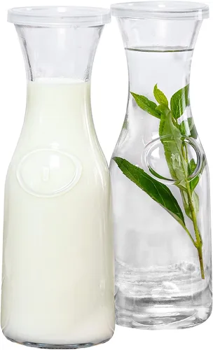 Miniatura 2 de Estilo Jarra de vidrio de 1 litro con tapa para 1 litro (2), agua, porción de jugo, diseño de cuello alto y estrecho, 33 onzas, juego de 2