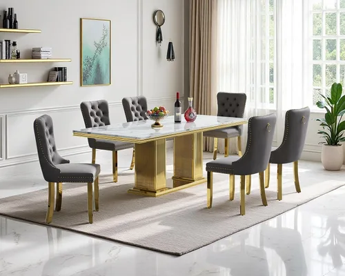 Miniatura 18 de Juego de mesa de comedor de mármol para 4, mesa de cocina rectangular de mármol negro de 68 pulgadas con base en H de acero inoxidable dorado, juego