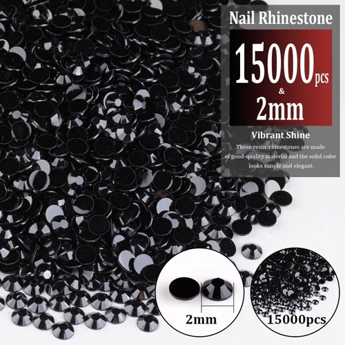Miniatura 2 de 15000 diamantes de imitación de resina de 0.079 pulgadas a granel, diamantes de imitación de gelatina redondos negros con parte trasera plana, gemas