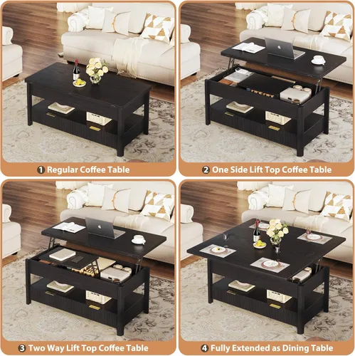 Miniatura 8 de HUAHUU Mesa de centro elevable de 40 pulgadas con almacenamiento, mesa de centro cuadrada 4 en 1 con compartimento oculto y estante abierto y 2