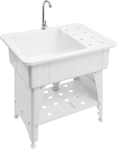 Miniatura 16 de Fregadero de plástico independiente con tabla de lavadero, lavabo para lavandería, lavabo con grifo caliente y frío para garaje, sótano, jardín