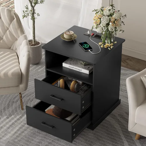 Miniatura 7 de Hasuit Mesita de noche con estación de carga, mesita de noche grande con cajones de almacenamiento y compartimento abierto, mesa auxiliar negra