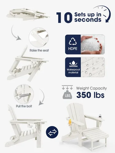Miniatura 6 de KINGYES Silla Adirondack plegable ajustable con otomana y 2 portavasos, silla reclinable Adirondack de polietileno de alta densidad con reposapiés